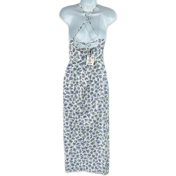 Zara White Blue Green Floral Cross Strap Front Slit Midi Dress size XS NEW Tags - Picture 5 of 13